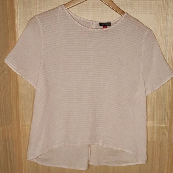 Vince Camuto Womens Linen Pink White Striped Short Sleeve Top Large - Picture 1 of 7